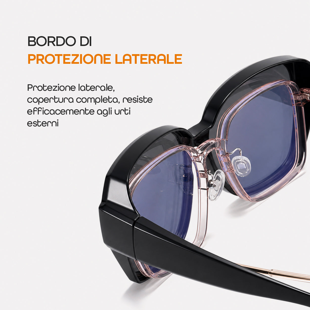 Dettaglio protezione laterale Sceniqo sopra occhiali da vista